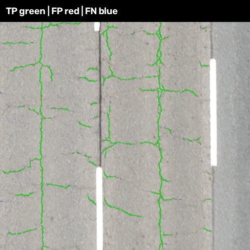 Actual crack detection example with green segmentation lines on the road surface